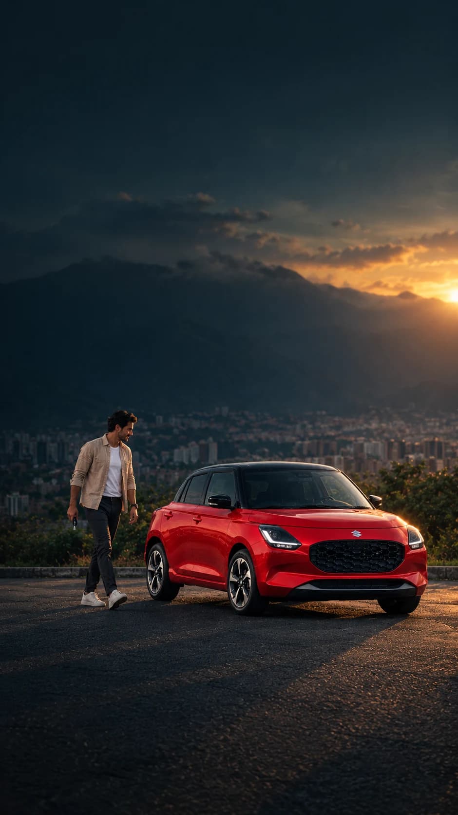 Conductor caminando hacia su Suzuki Swift rojo al atardecer, con El Ávila y Caracas al fondo